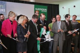 Algonquin College held a ribbon-cutting ceremony to mark the opening of its $52-million Robert C. Gillett Student Commons Building. (From left) Deborah Rowan-Legg. former vice-president of student services, Barbara Farber, member of the Algonquin College Board of Governors, Algonquin College president Kent MacDonald, Students' Association president David Corson, past-president Robert C. Gillett and former Students' Association president Jacob Sancartier. Photo courtesy of Algonquin College.