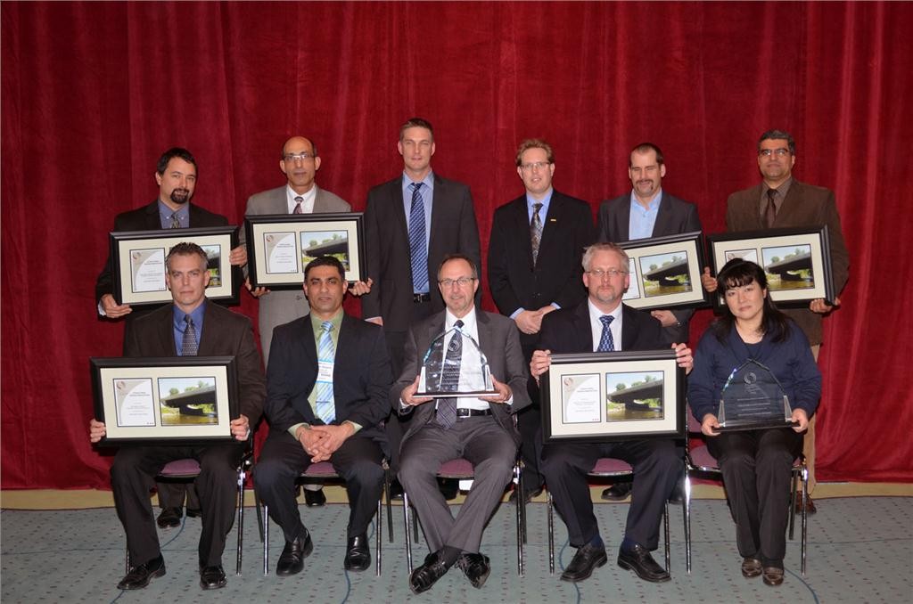 Members of the Whitemans Creek Bridge team pose for a photo after being awarded the Ontario Concrete Award for the Structural Design Innovation category on Nov. 28 at the Metro Toronto Convention Centre.