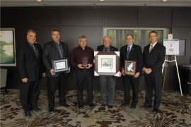 From left: OHMPA president Bentley Eghoetz, vice-president of FLO Compenents Mike Deckert, Fowler Construction foreman and supervisor Roger Brassard, senior advisor for Bitumar Laverne Miller, Murray Group Ltd. general manager Murray Ritchie, OHMPA past president Collin Burpee.