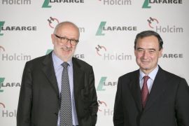 Rolf Soiron, current chairman of Holcim, and Bruno Lafont, chairman and CEO of Lafarge, at the press conference announcing the merger in Paris on April 7.