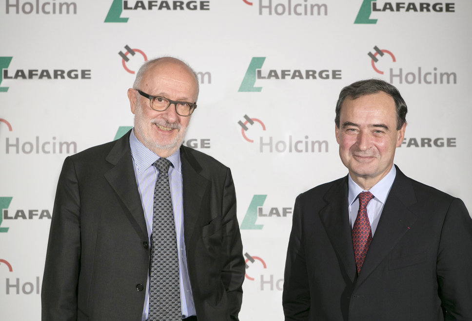 Rolf Soiron, current chairman of Holcim, and Bruno Lafont, chairman and CEO of Lafarge, at the press conference announcing the merger in Paris on April 7.