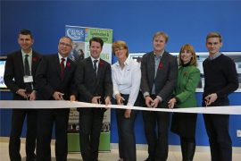 Official opening of George Brown College's Green Building Centre in Toronto, ON, on November 10, 2014.  (L to R): Robert Luke, vice president, applied research and innovation, George Brown College; Gary Goodyear, Minister of State for FedDev Ontario; Bernard Trottier, MP Etobicoke-Lakeshore; Trudy Puls, Roxul; Jamie McIntyre, program coordinator, George Brown College; Laura Jo Gunter, vice president, academic, George Brown College; and Brad Shapiro, George Brown student.