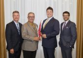 Modus Structures' Tom Payne and Cal Harvey and (centre) with Ren C. Leduc, VP Business Restructuring, BDC (L) and Michael Hanlon, President of the Turnaround Management Association - Montreal Chapter (R)