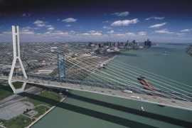 The Windsor Detroit Bridge project includes a six-lane bridge, providing three Canada-bound lanes and three US-bound lanes over the Detroit River. Two bridge types were considered under the DRIC study - cable stayed and suspension. The bridge will have a clear span of 850 metres/2788 feet across the Detroit River with no piers in the water.