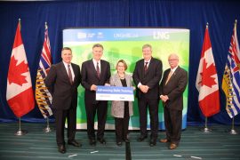 Gary Herman, Industry Training Authority CEO, Andy Calitz, LNG Canada CEO, Shirley Bond, Minister of Jobs, Tourism and Skills Training and Minister Responsible for Labour, Rich Coleman, Minister of Natural Gas Development and Minister Responsible for Housing, and Manley McLachlan, president, BC Construction Association at the news conference announcing the LNG Canada - Trades Training Fund