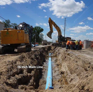 Windsor Detroit Bridge Authority installs a 16in main potable water line as part of Early Works at the Canadian Port of Entry. 12 & 10 inch lines will branch off the main line.