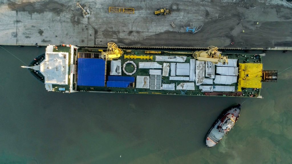 An overhead view of Jumbo Vision, docked in the port of Oshawa with its cargo. (Photo provided by HOPA Ports)
