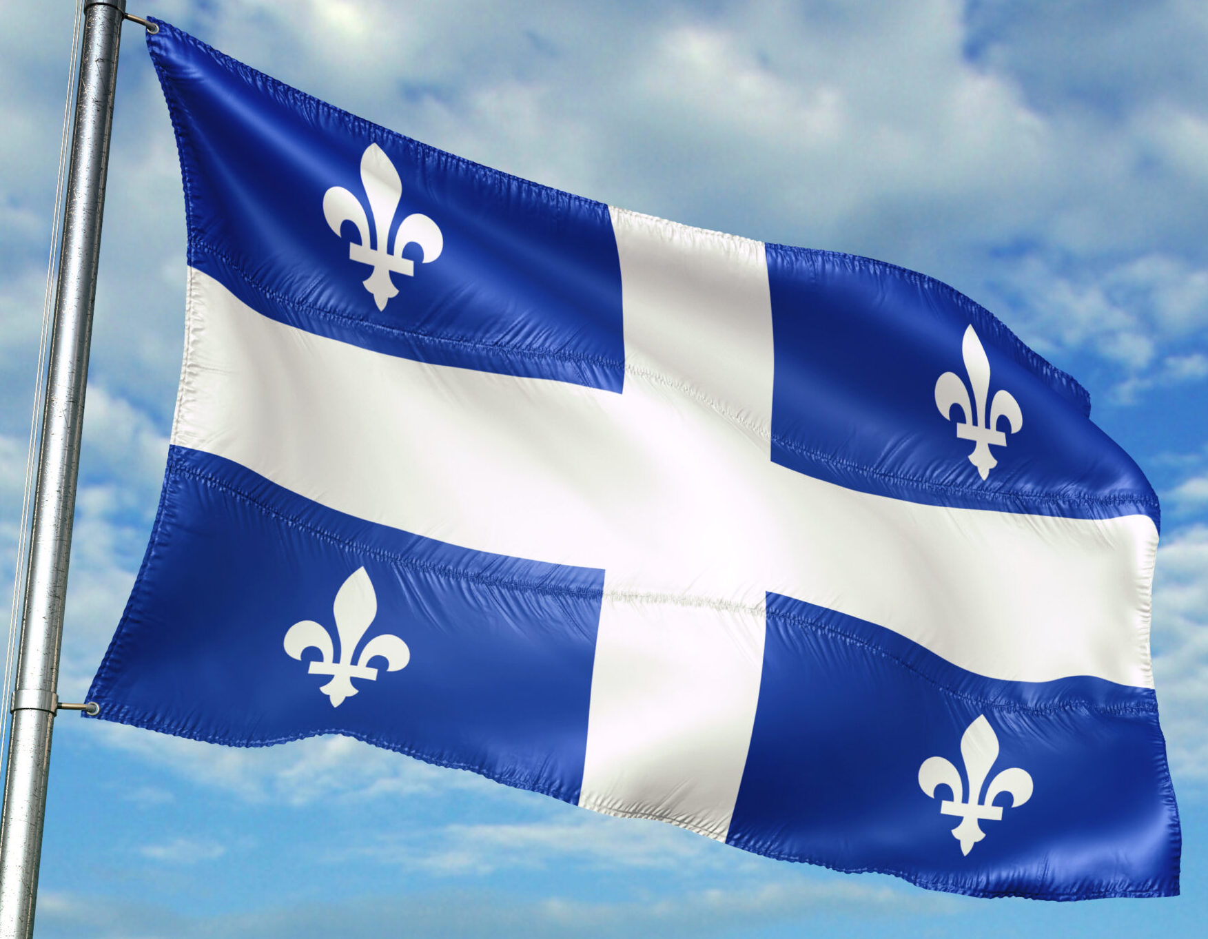 Quebec of Canada flag waving with sky on background