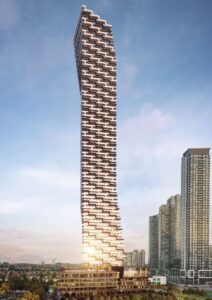A rendering of M3 in Mississauga, Ont., which features a slender profile with a subtle twist at its base and crown that culminates in a dramatic sloped peak. (Photo courtesy of Urban Capital and Rogers Real Estate Development)